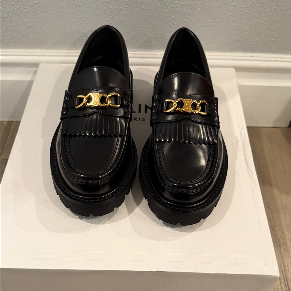 Authentic brand new Celine triomphe Loafers with Gold logo Chain Detail